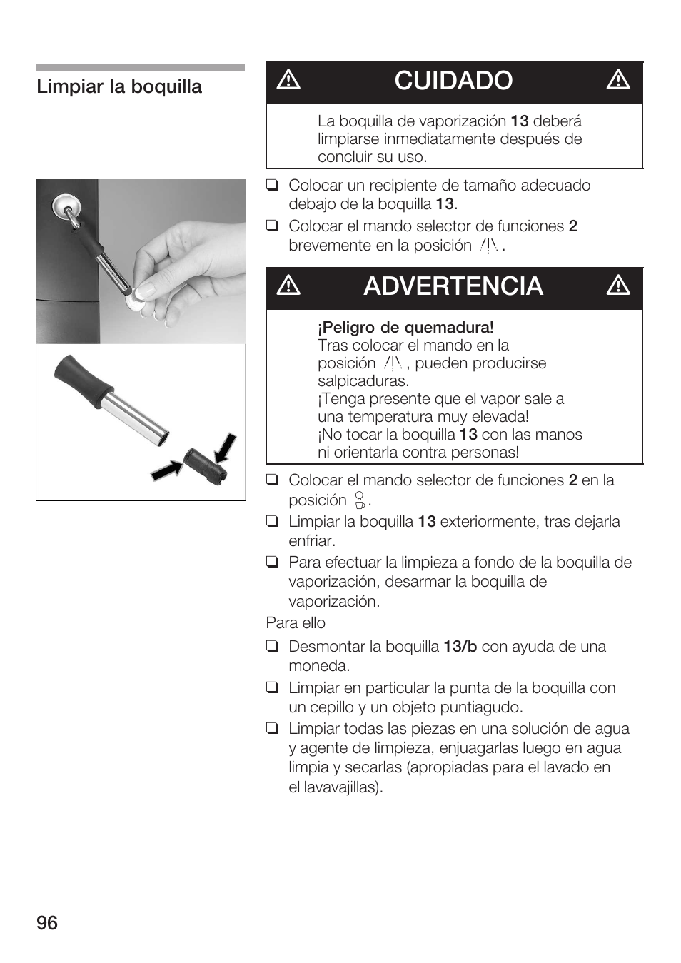 Dcuidado d, Dadvertencia d | Bosch AUTOMATIC COFFEE CENTRE TCA 6301 UC User Manual | Page 96 / 108