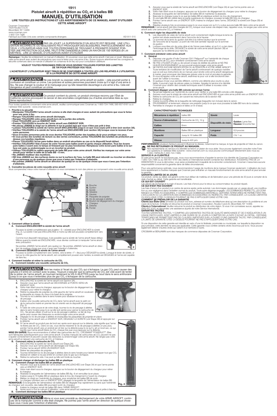 Manuel d’utilisation, 1911 pistolet airsoft à répétition au co, Et à balles bb | Crosman 1911 User Manual | Page 3 / 3