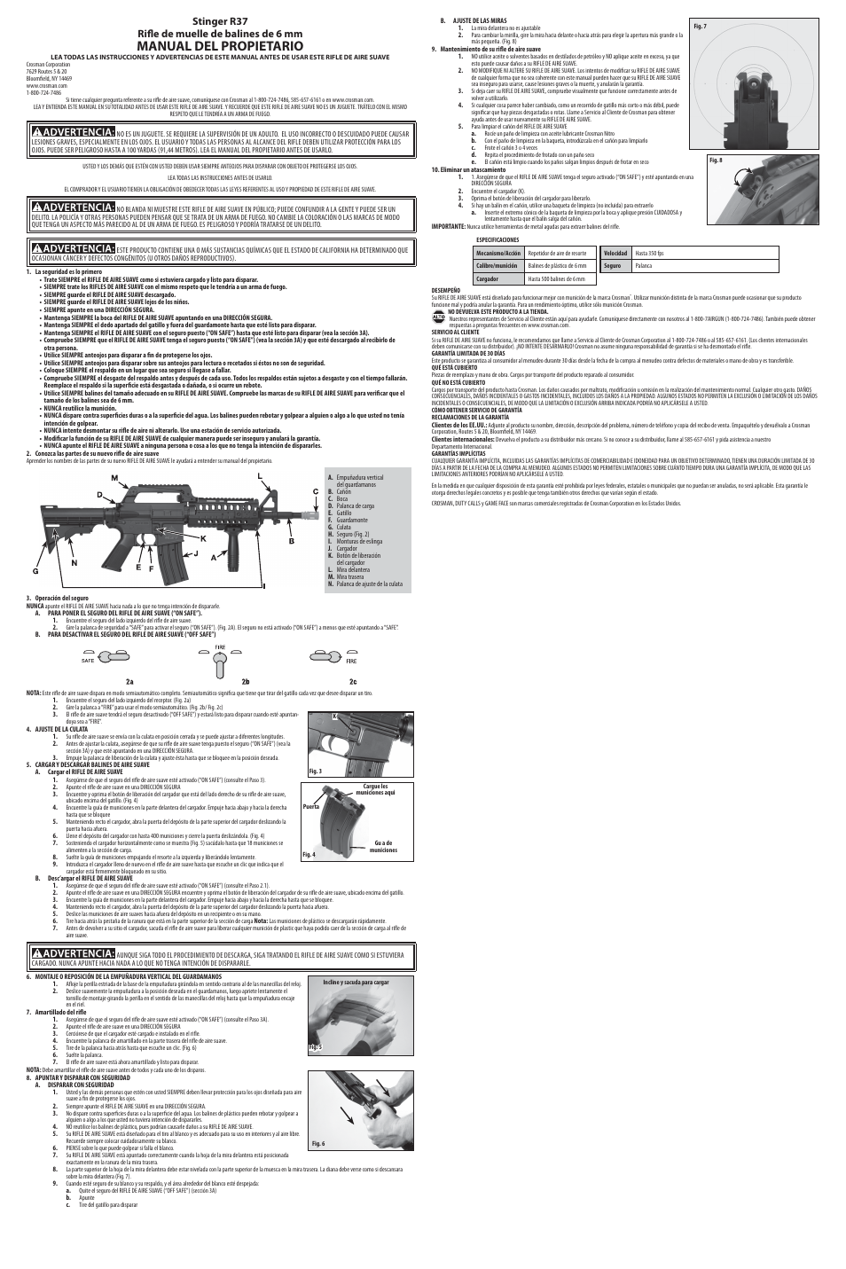 Manual del propietario, Stinger r37 rifle de muelle de balines de 6 mm | Crosman 50003 User Manual | Page 2 / 3