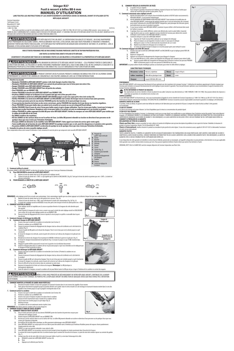 Manuel d’utilisation, Stinger r37 fusil à ressort à billes bb 6 mm | Crosman 50003 User Manual | Page 3 / 3