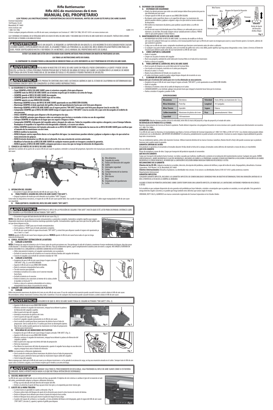 Manual del propietario, Rifle battlemaster rifle aeg de municiones de 6 mm | Crosman 52005 User Manual | Page 2 / 3