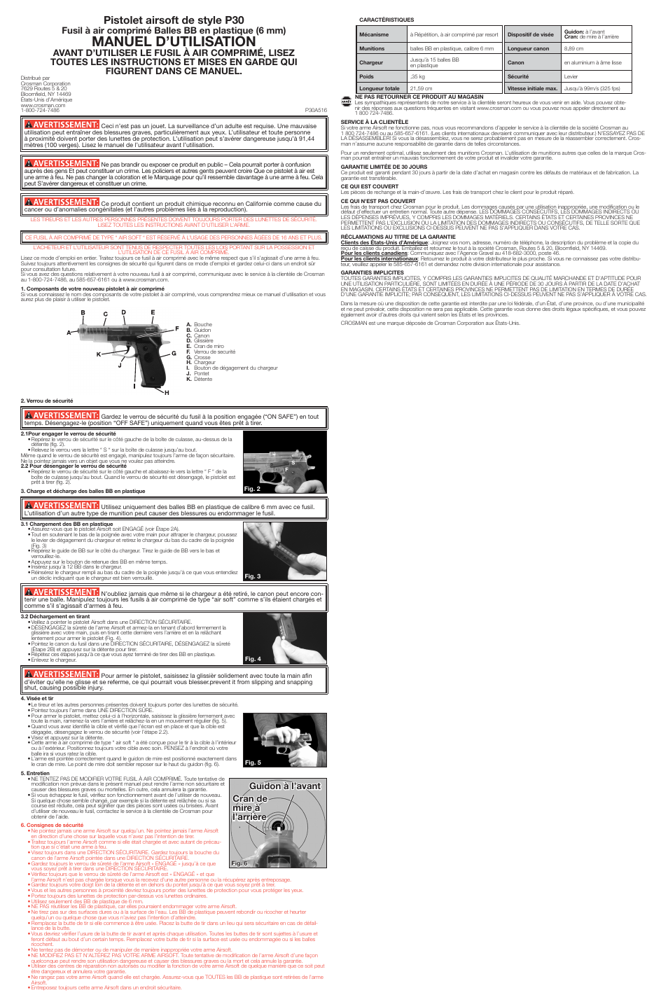 Manuel d’utilisation, Pistolet airsoft de style p30, Fusil à air comprimé balles bb en plastique (6 mm) | Guidon à l’avant cran de mire à l’arrière | Crosman ASP30T User Manual | Page 3 / 3