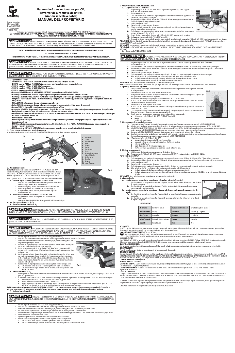 Manual del propietario, Gf600 balines de 6 mm accionados por co | Crosman ACG357 User Manual | Page 2 / 3