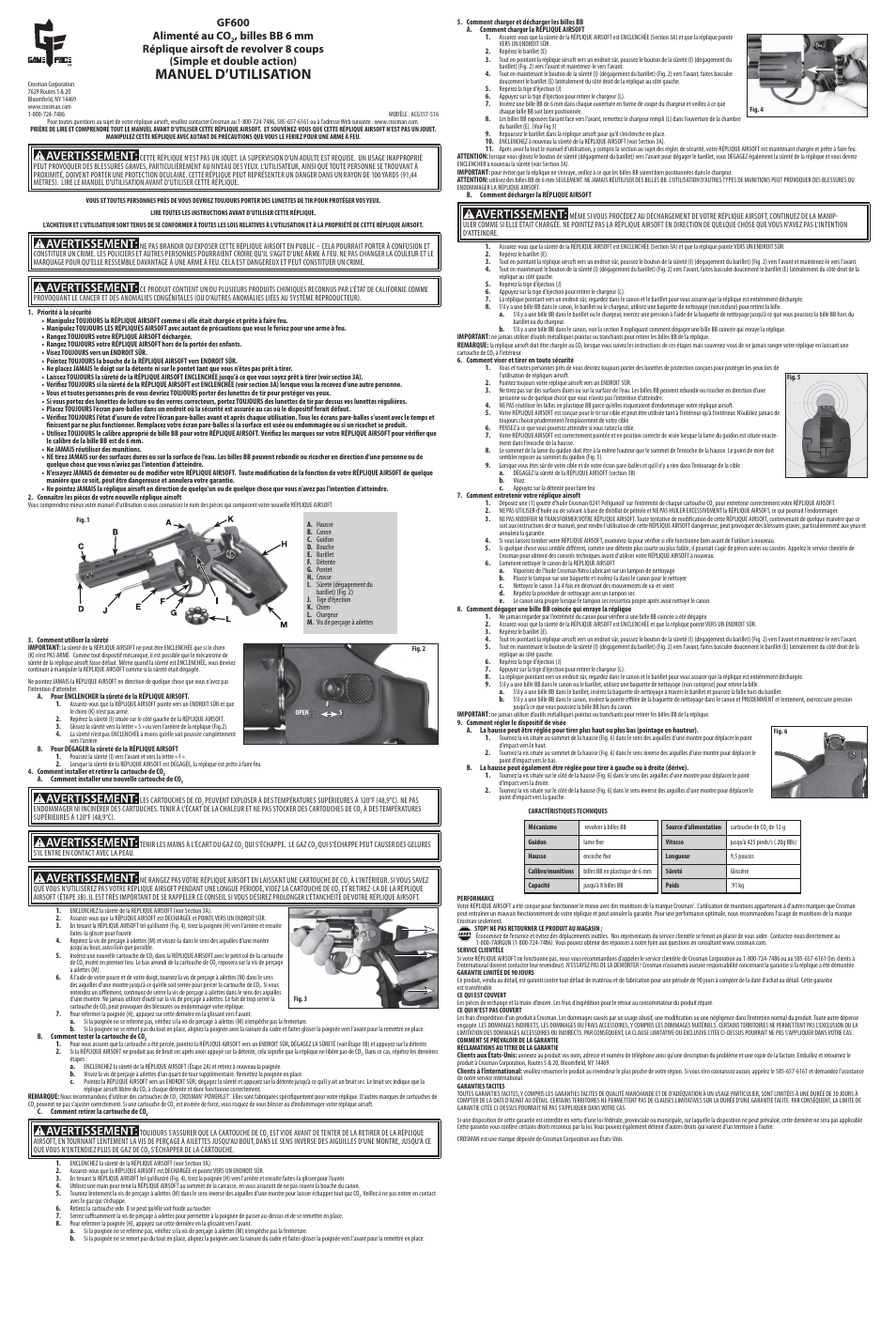 Manuel d’utilisation, Gf600 alimenté au co | Crosman ACG357 User Manual | Page 3 / 3