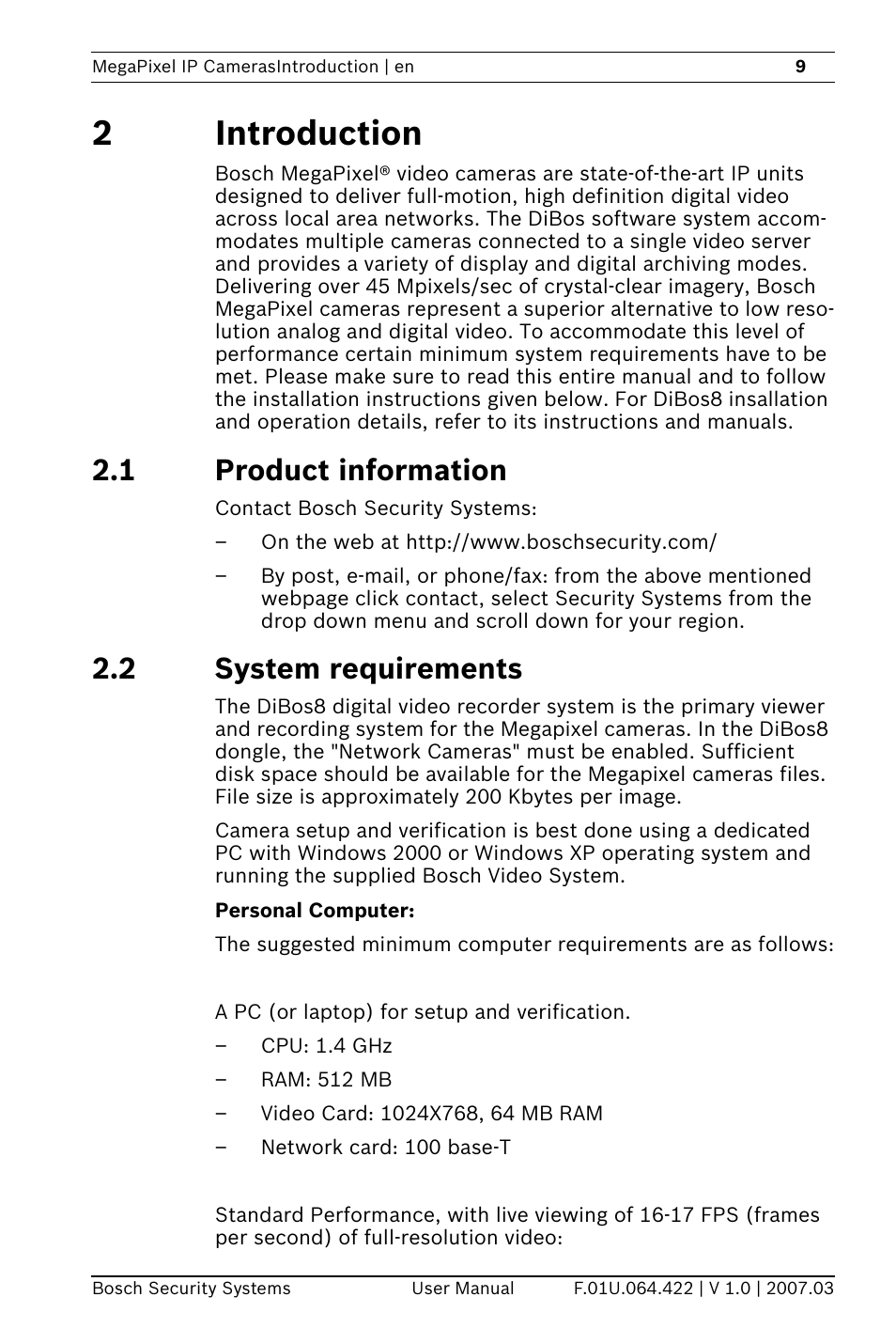 2introduction, 1 product information, 2 system requirements | Bosch MegaPixel IP Camera NWC-0900 User Manual | Page 11 / 46