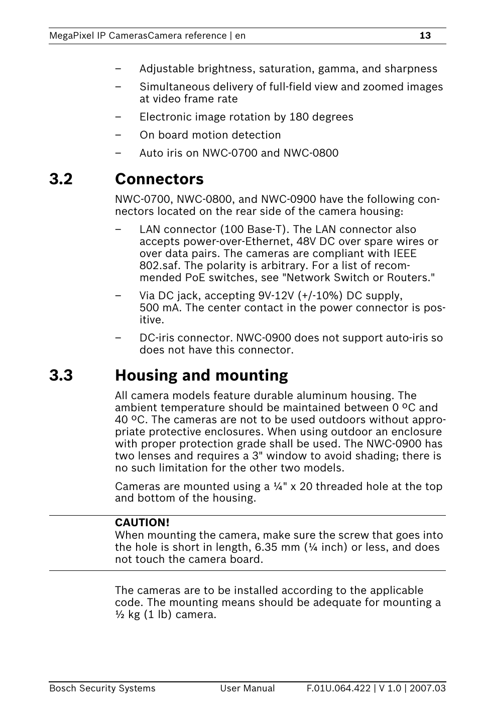 2 connectors, 3 housing and mounting | Bosch MegaPixel IP Camera NWC-0900 User Manual | Page 15 / 46