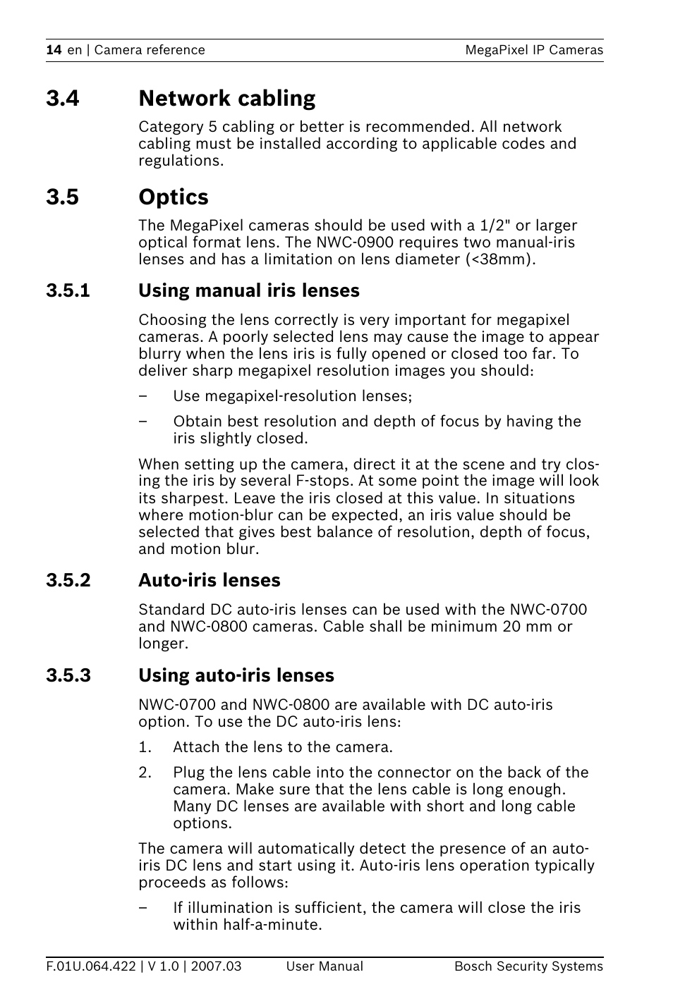 4 network cabling, 5 optics, 1 using manual iris lenses | 2 auto-iris lenses, 3 using auto-iris lenses | Bosch MegaPixel IP Camera NWC-0900 User Manual | Page 16 / 46