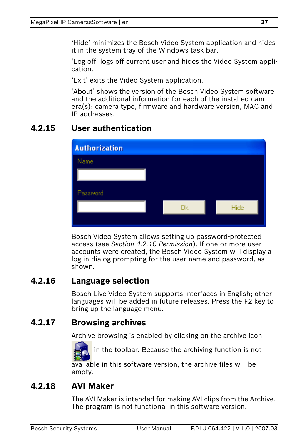 15 user authentication, 16 language selection, 17 browsing archives | 18 avi maker | Bosch MegaPixel IP Camera NWC-0900 User Manual | Page 39 / 46