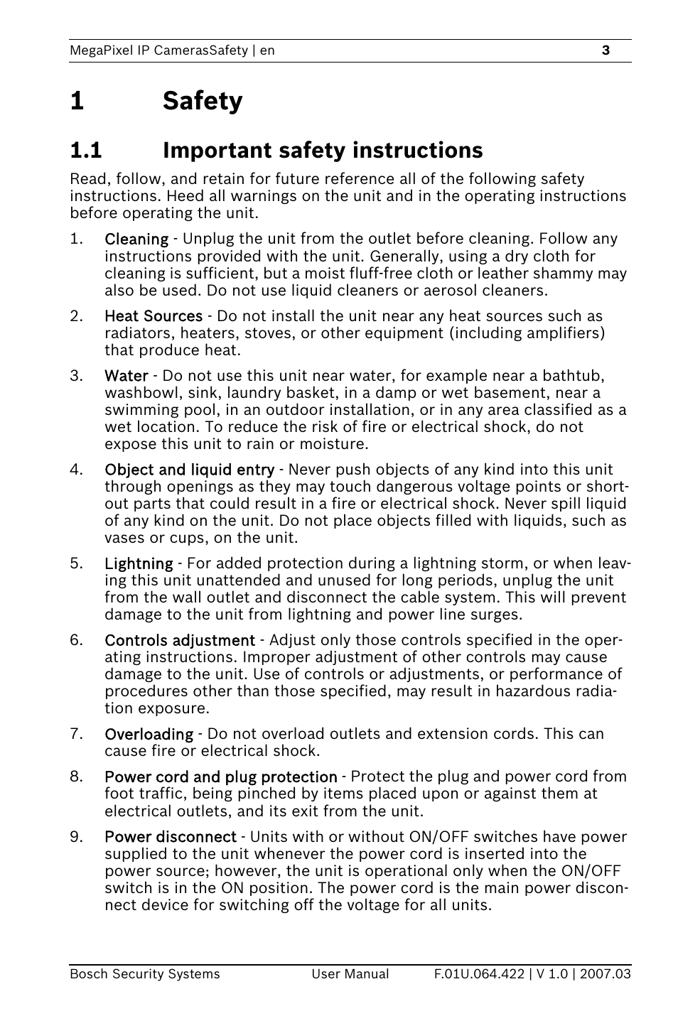 1safety, 1 important safety instructions | Bosch MegaPixel IP Camera NWC-0900 User Manual | Page 5 / 46