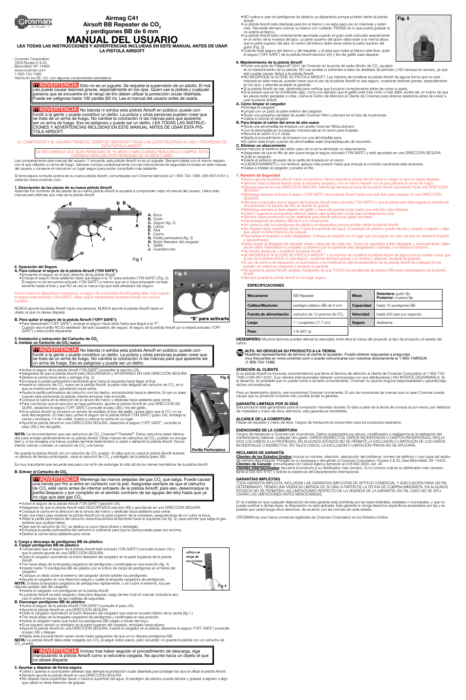 Manual del usuario, Airmag c41 airsoft bb repeater de co, Y perdigones bb de 6 mm | Advertencia | Crosman AMC41 User Manual | Page 2 / 2