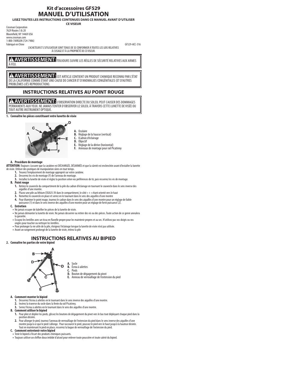 Manuel d’utilisation, Kit d’accessoires gf529, Instructions relatives au point rouge | Instructions relatives au bipied | Crosman ANG529S User Manual | Page 2 / 2