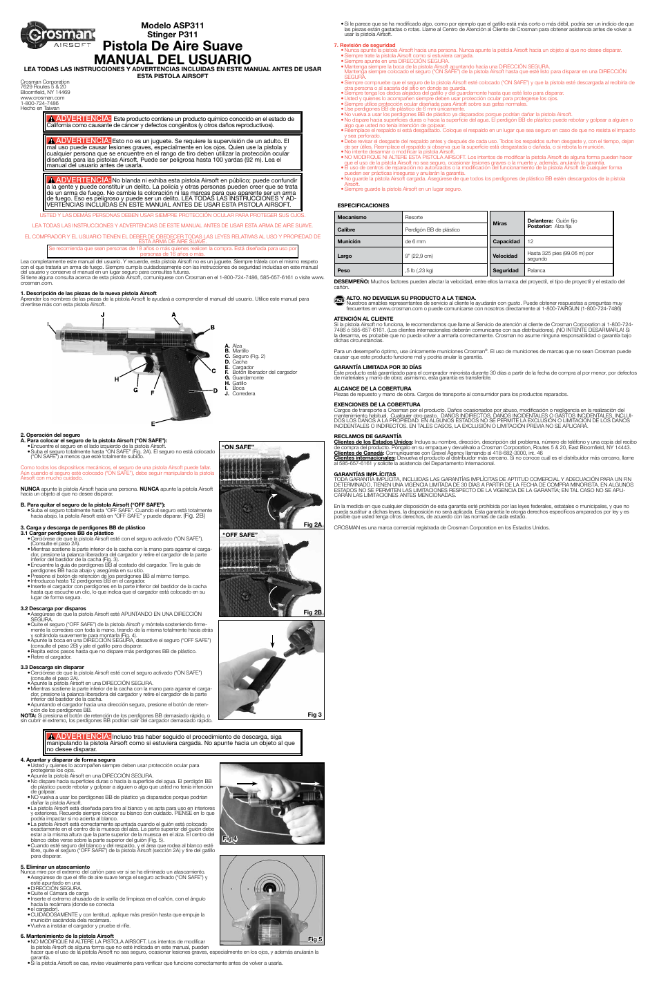 Pistola de aire suave manual del usuario, Advertencia | Crosman ASP311 User Manual | Page 2 / 3