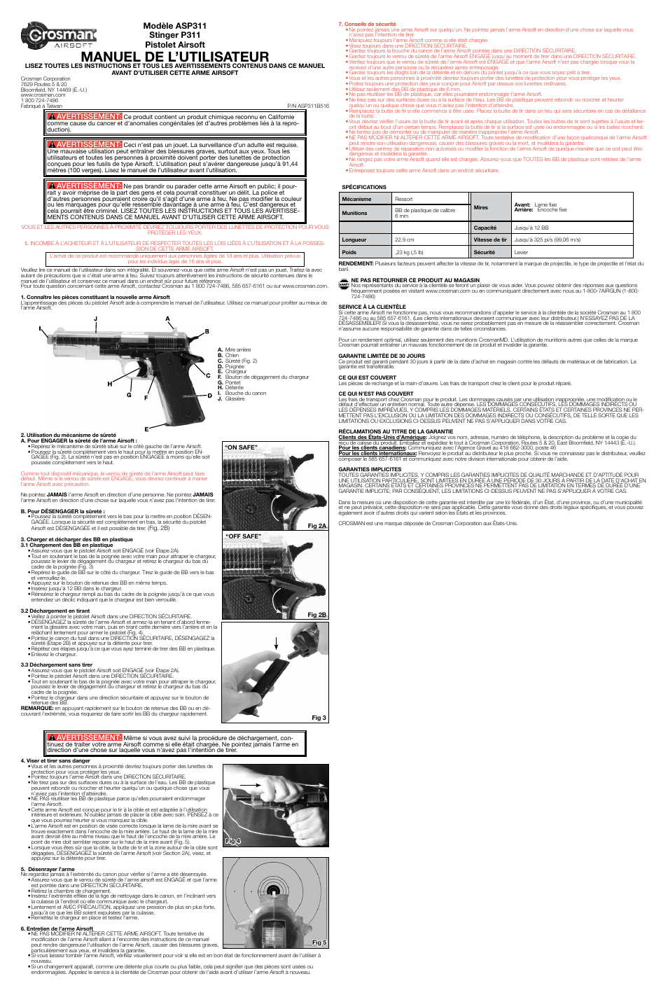 Manuel de l’utilisateur, Avertissement | Crosman ASP311 User Manual | Page 3 / 3