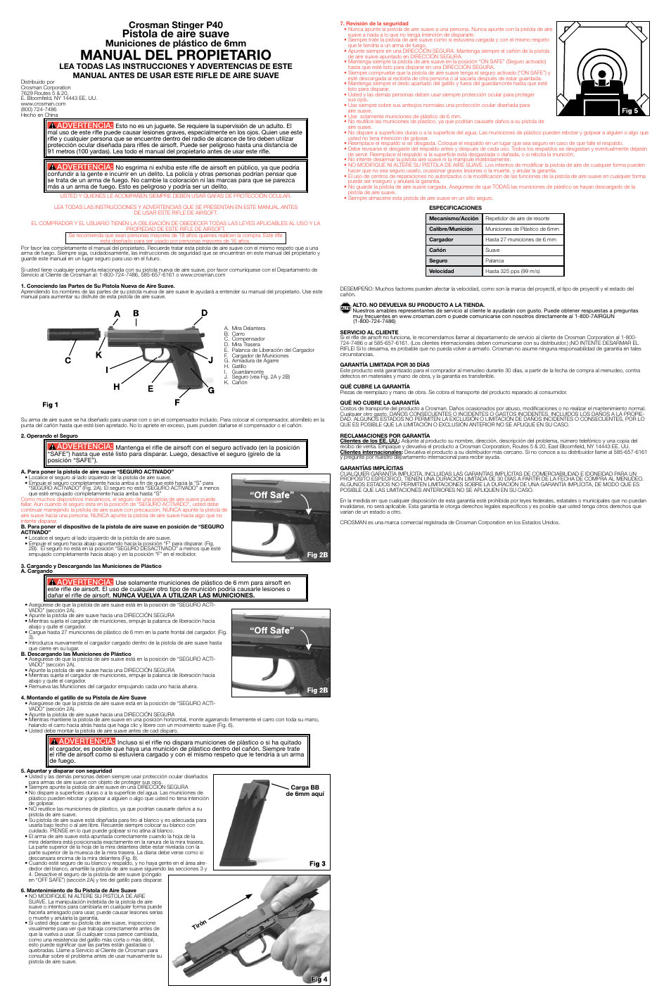 Manual del propietario, Pistola de aire suave, Crosman stinger p40 | Municiones de plástico de 6mm, Advertencia | Crosman ASP40C User Manual | Page 2 / 2