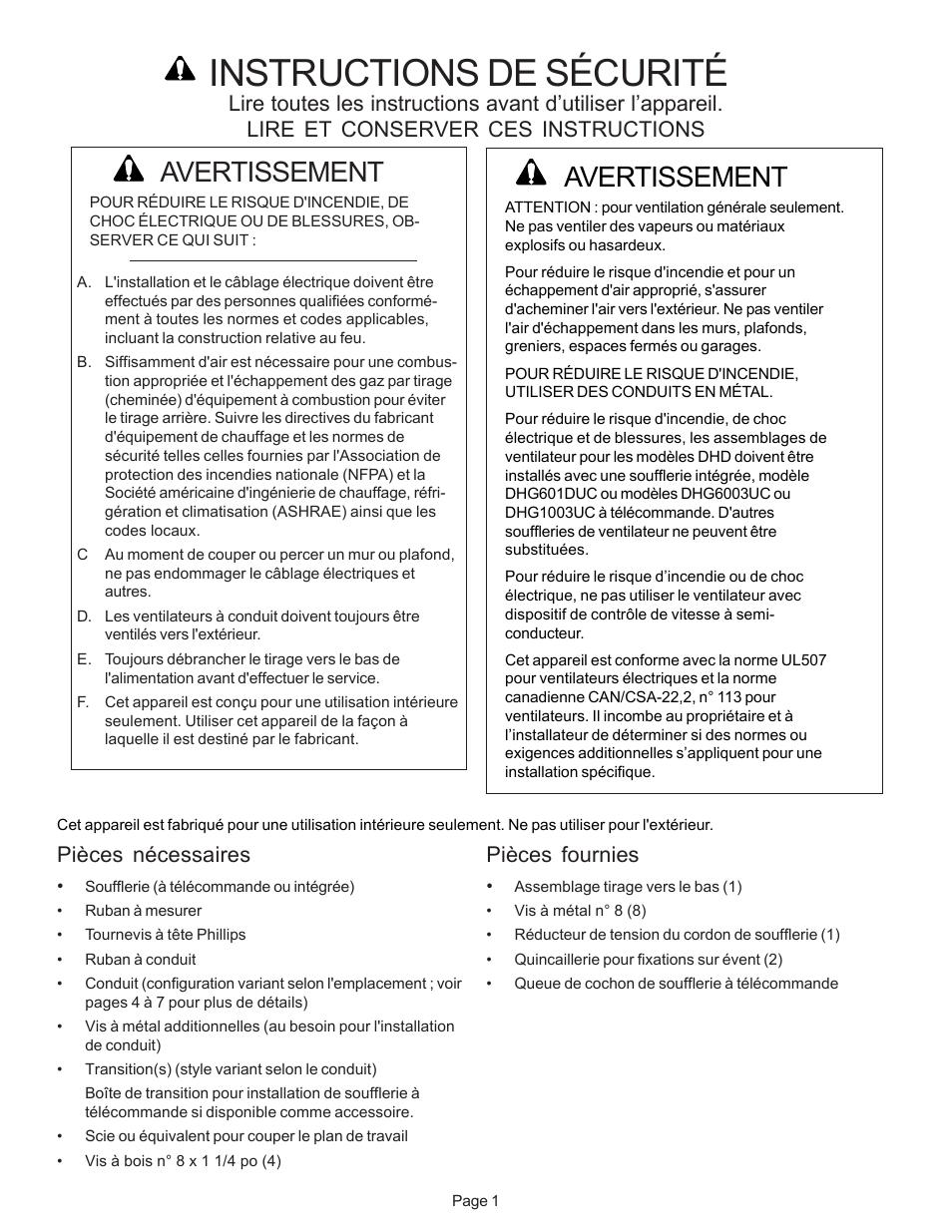 Instructions de sécurité, Avertissement, Pièces nécessaires | Pièces fournies | Bosch DHD User Manual | Page 16 / 42