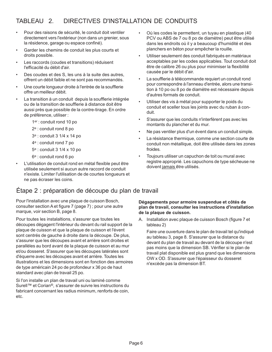 Tableau 2. directives d'installation de conduits | Bosch DHD User Manual | Page 21 / 42