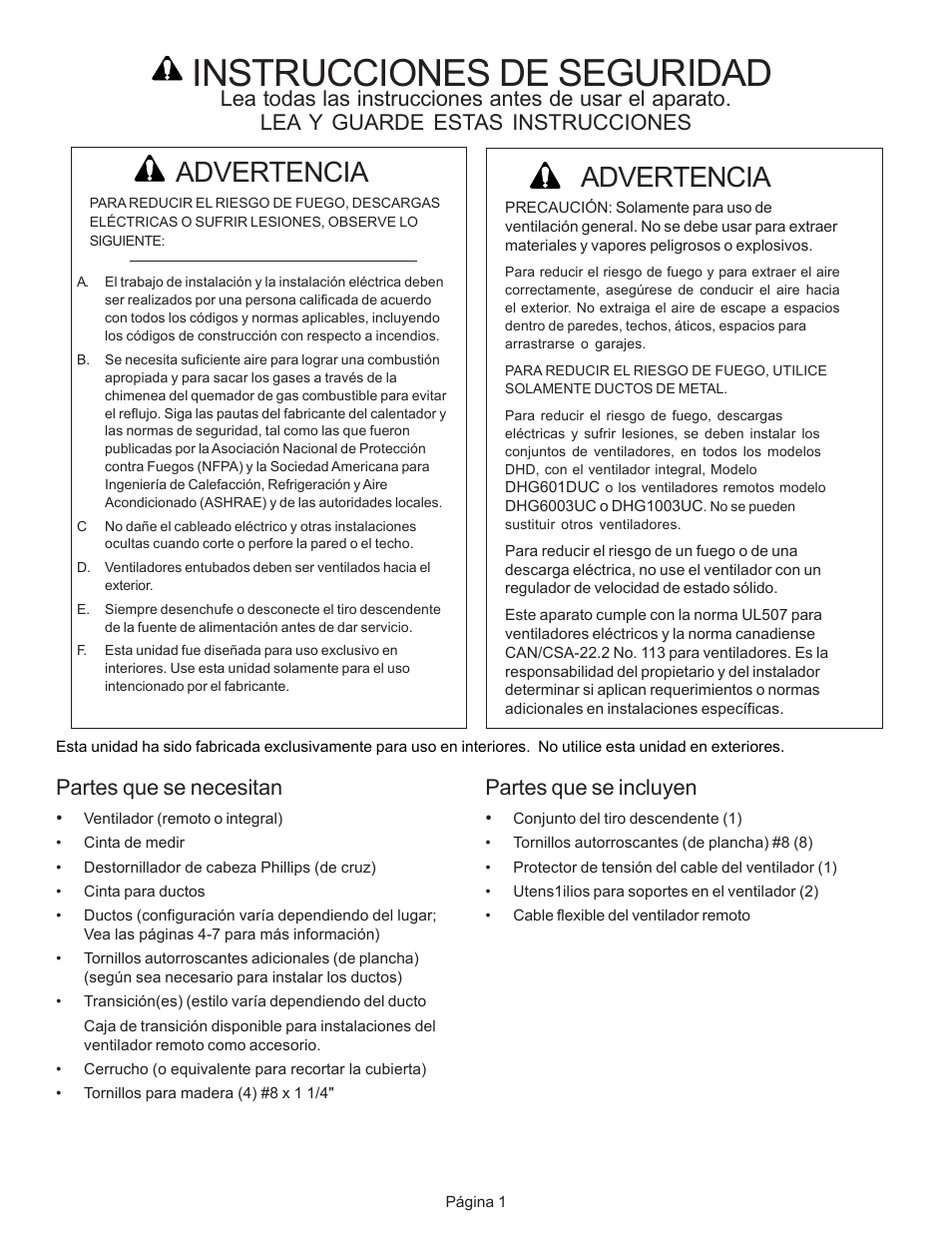 Instrucciones de seguridad, Advertencia, Partes que se necesitan | Partes que se incluyen | Bosch DHD User Manual | Page 29 / 42