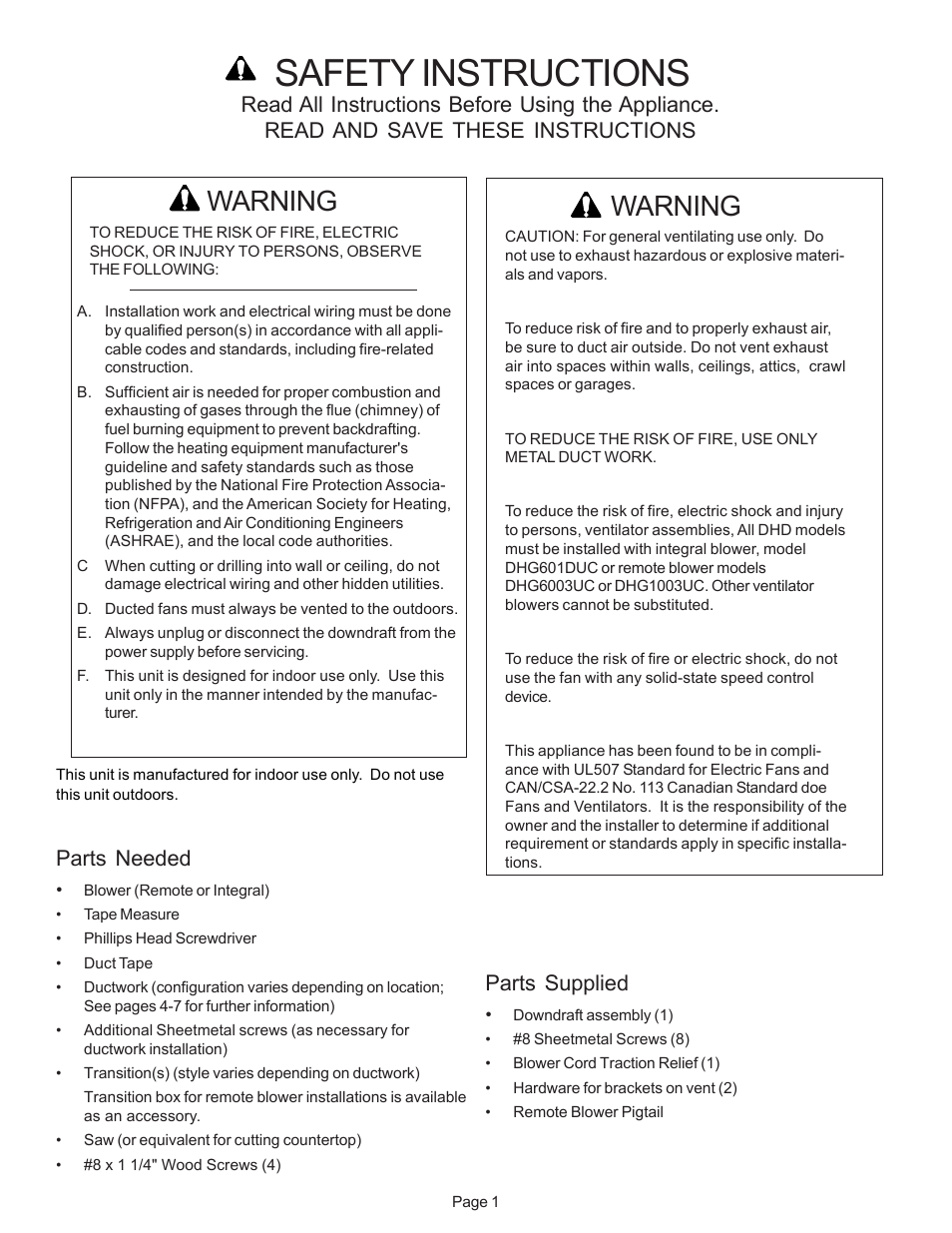 Safety instructions, Warning, Parts needed | Parts supplied | Bosch DHD User Manual | Page 3 / 42