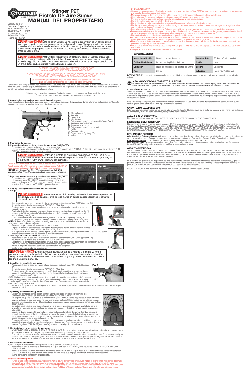 Pistola de aire suave manual del proprietario, Stinger p9t, Advertencia | Crosman ASP9T User Manual | Page 2 / 3