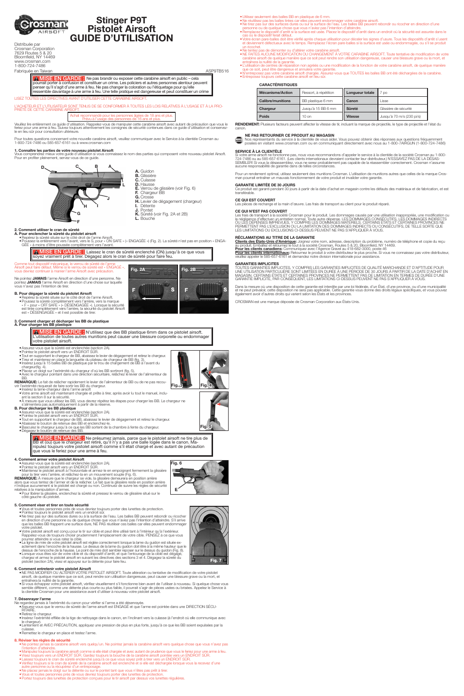 Pistolet airsoft guide d’utilisation, Stinger p9t, Mise en garde | Crosman ASP9T User Manual | Page 3 / 3