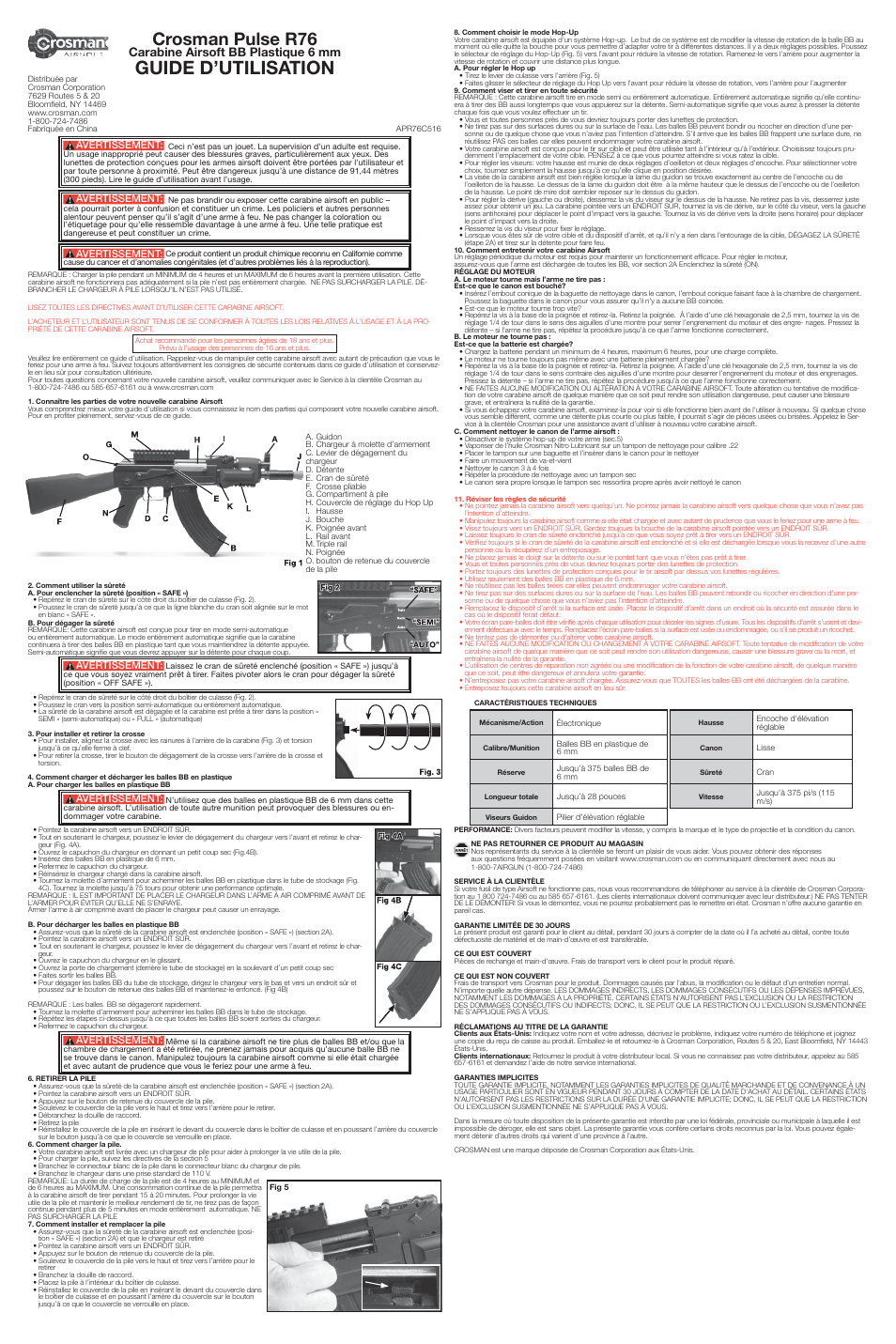 Guide d’utilisation, Crosman pulse r76, Carabine airsoft bb plastique 6 mm | Avertissement | Crosman ASPR76 User Manual | Page 3 / 3