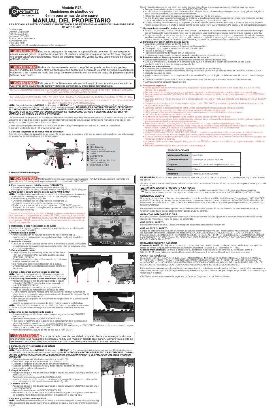 Manual del propietario, Safe auto auto safe auto auto, On safe” “off safe | Crosman ASPR78 User Manual | Page 2 / 3