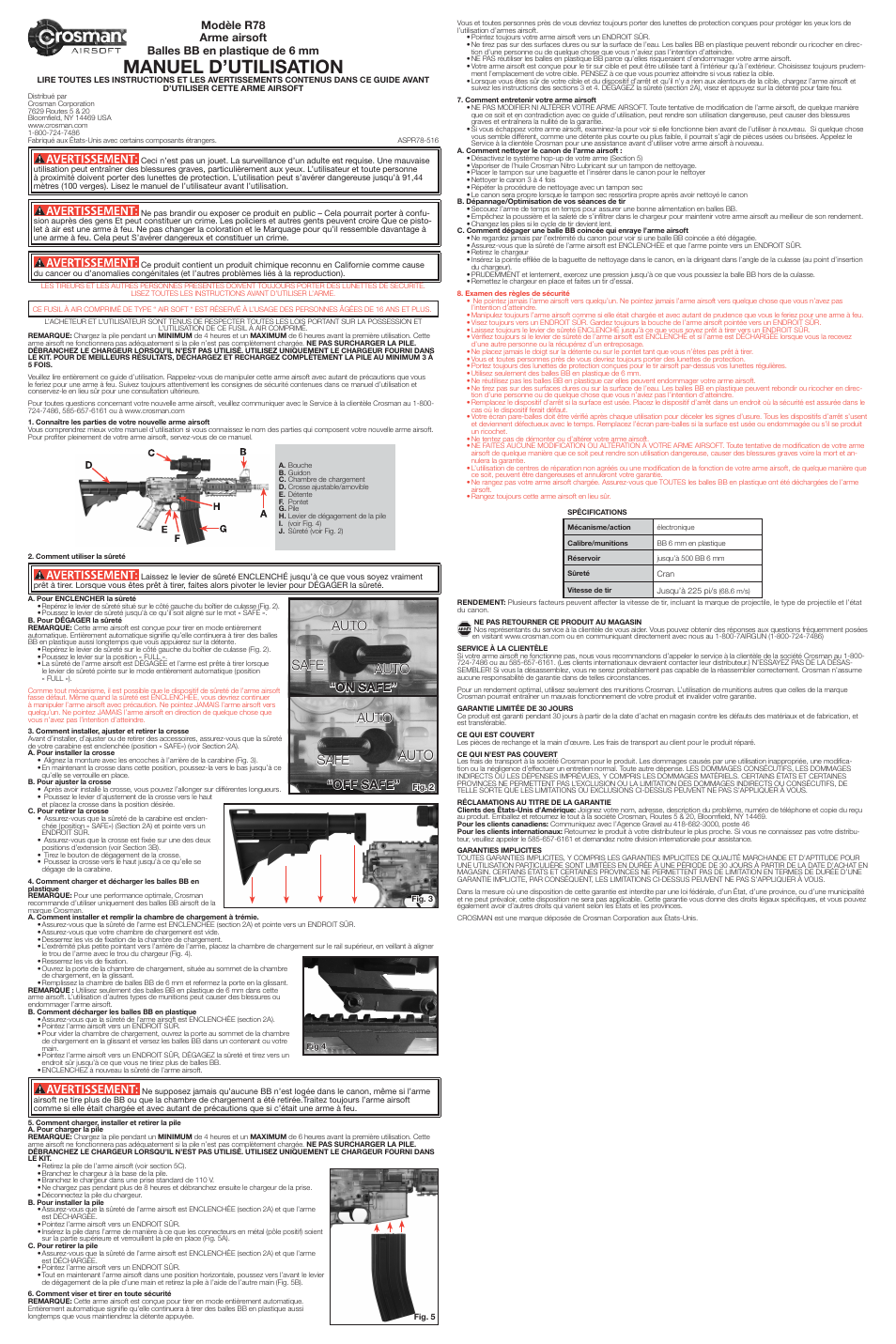 Manuel d’utilisation, Safe auto auto safe auto auto, On safe” “off safe | Crosman ASPR78 User Manual | Page 3 / 3