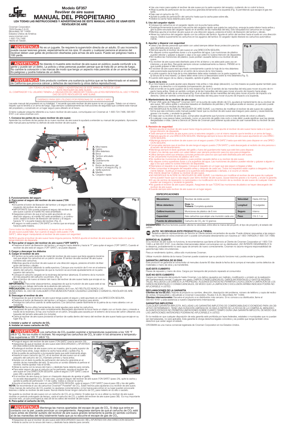 Manual del propietario, Modelo gf357 revólver de aire suave | Crosman GF357 User Manual | Page 2 / 3
