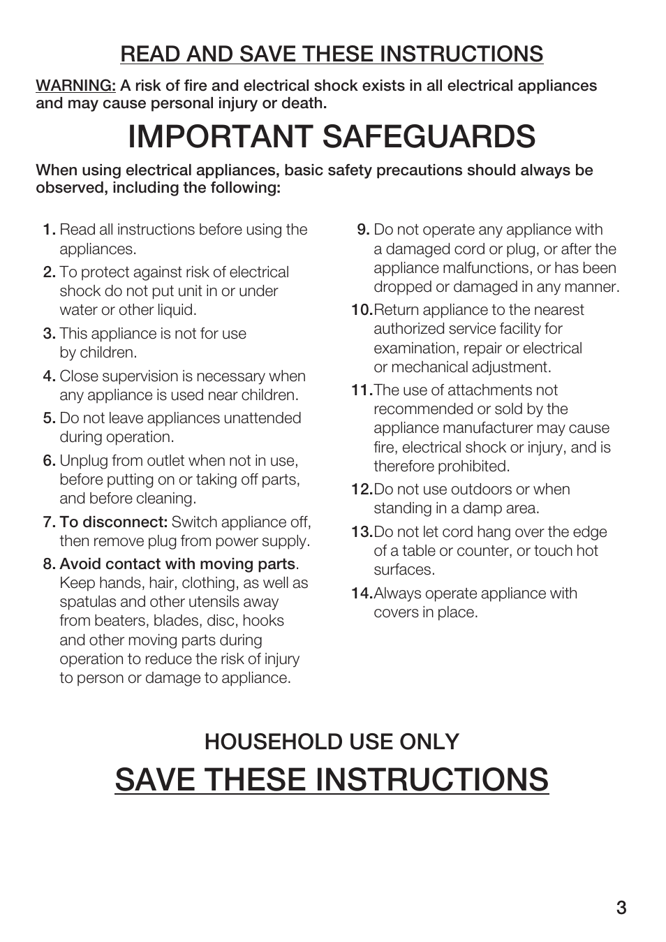 Important safeguards, Save these instructions, Read and save these instructions | Household use only | Bosch MCP 9110 UC User Manual | Page 3 / 12
