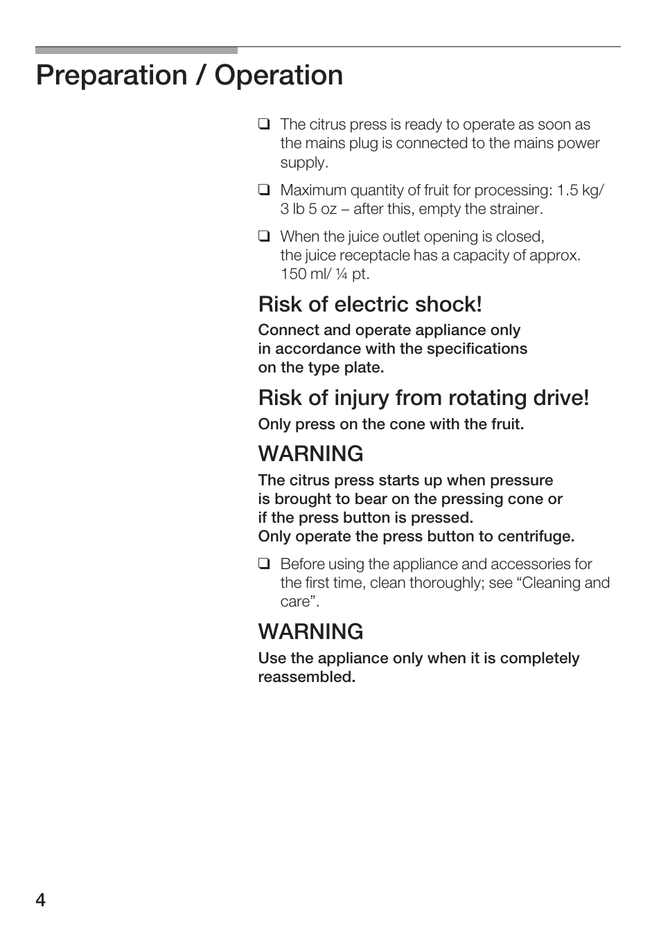 Preparation / operation, Risk of electric shock, Risk of injury from rotating drive | Warning | Bosch MCP 9110 UC User Manual | Page 4 / 12