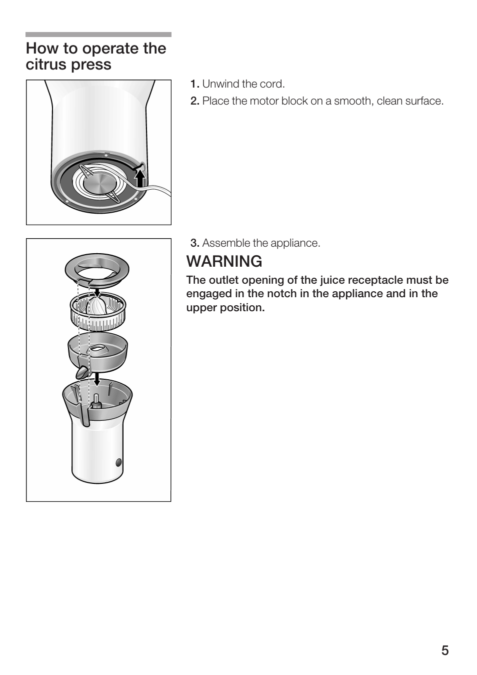Warning, How to operate the citrus press | Bosch MCP 9110 UC User Manual | Page 5 / 12