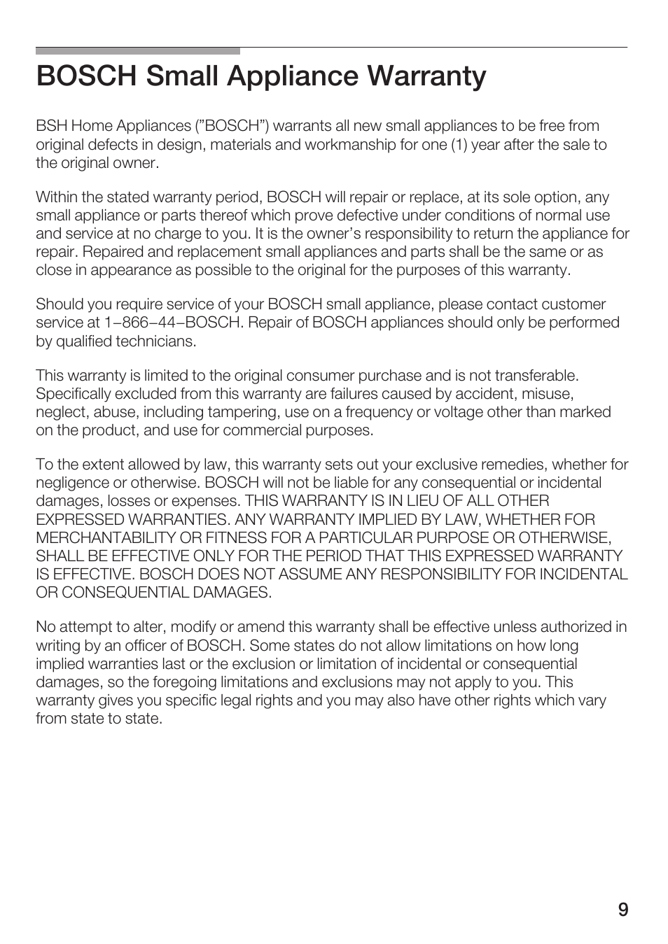 Bosch small appliance warranty | Bosch MCP 9110 UC User Manual | Page 9 / 12