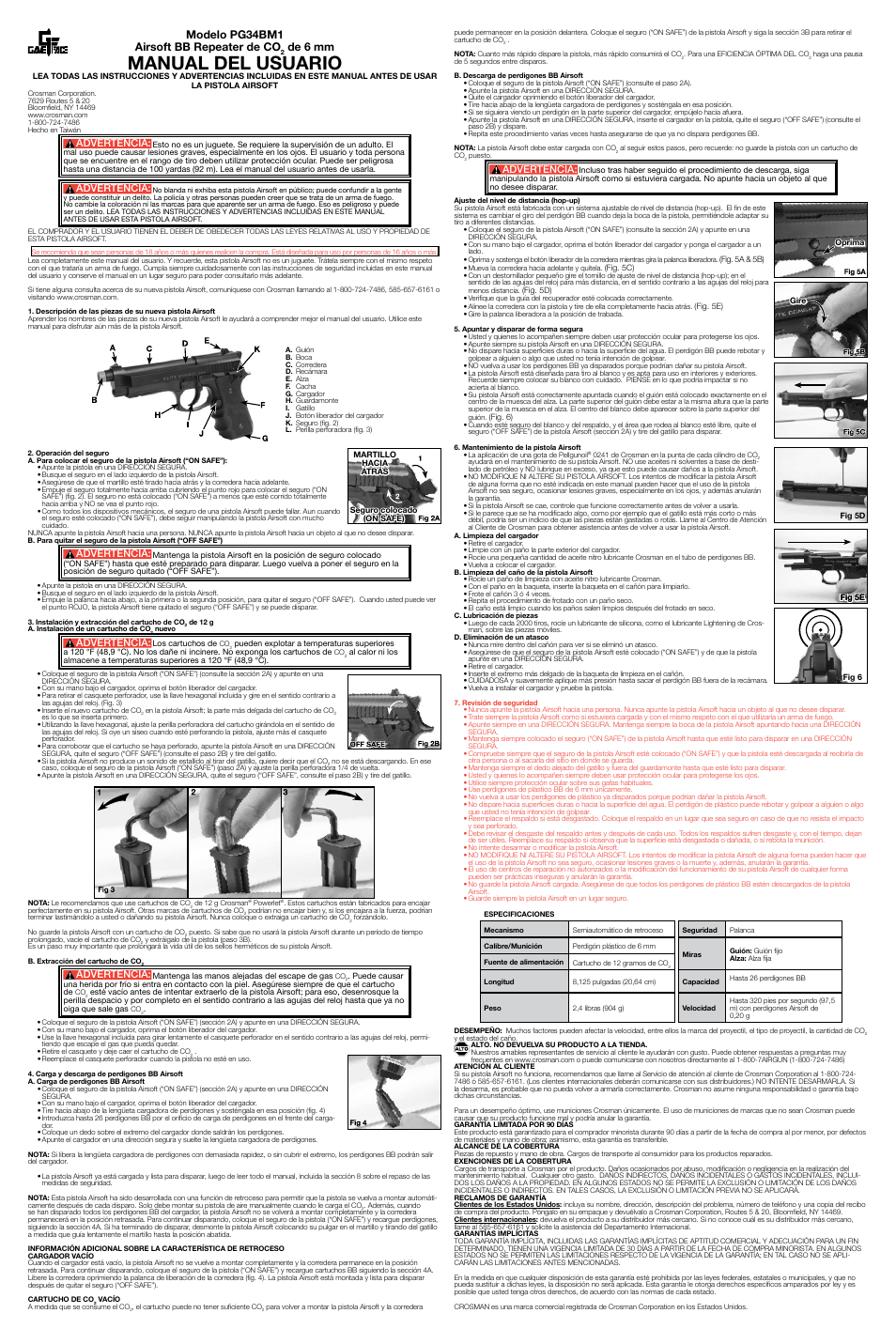 Manual del usuario, Modelo pg34bm1 airsoft bb repeater de co, De 6 mm | Advertencia | Crosman PG34BM1 User Manual | Page 2 / 2
