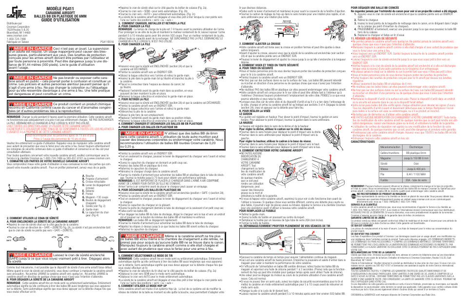 Modèle pg411, Guide d’utilisation, Carabine airsoft balles bb en plastique de 6mm | Mise en garde | Crosman PG411 User Manual | Page 3 / 3