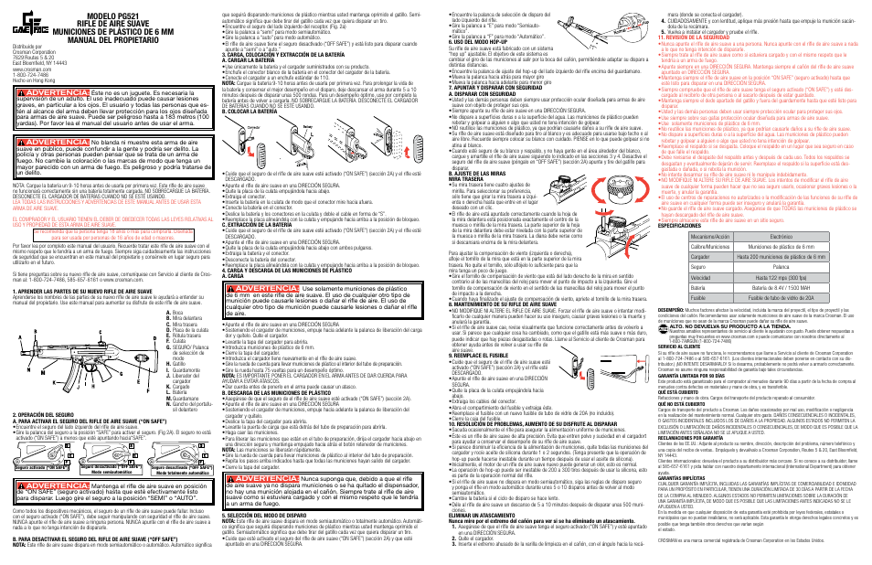 Advertencia | Crosman PG521 User Manual | Page 2 / 3