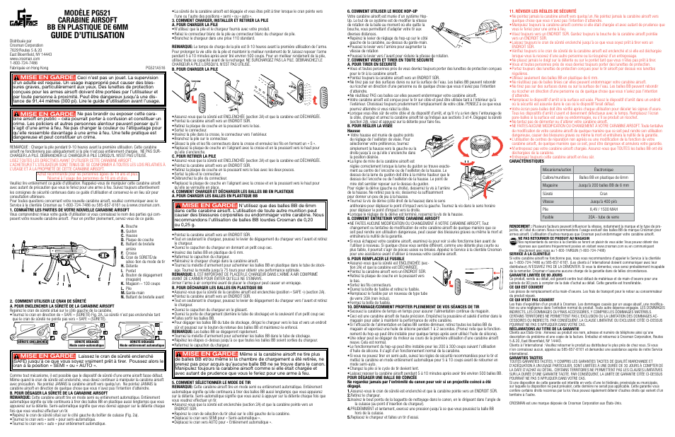 Guide d’utilisation, Mise en garde | Crosman PG521 User Manual | Page 3 / 3