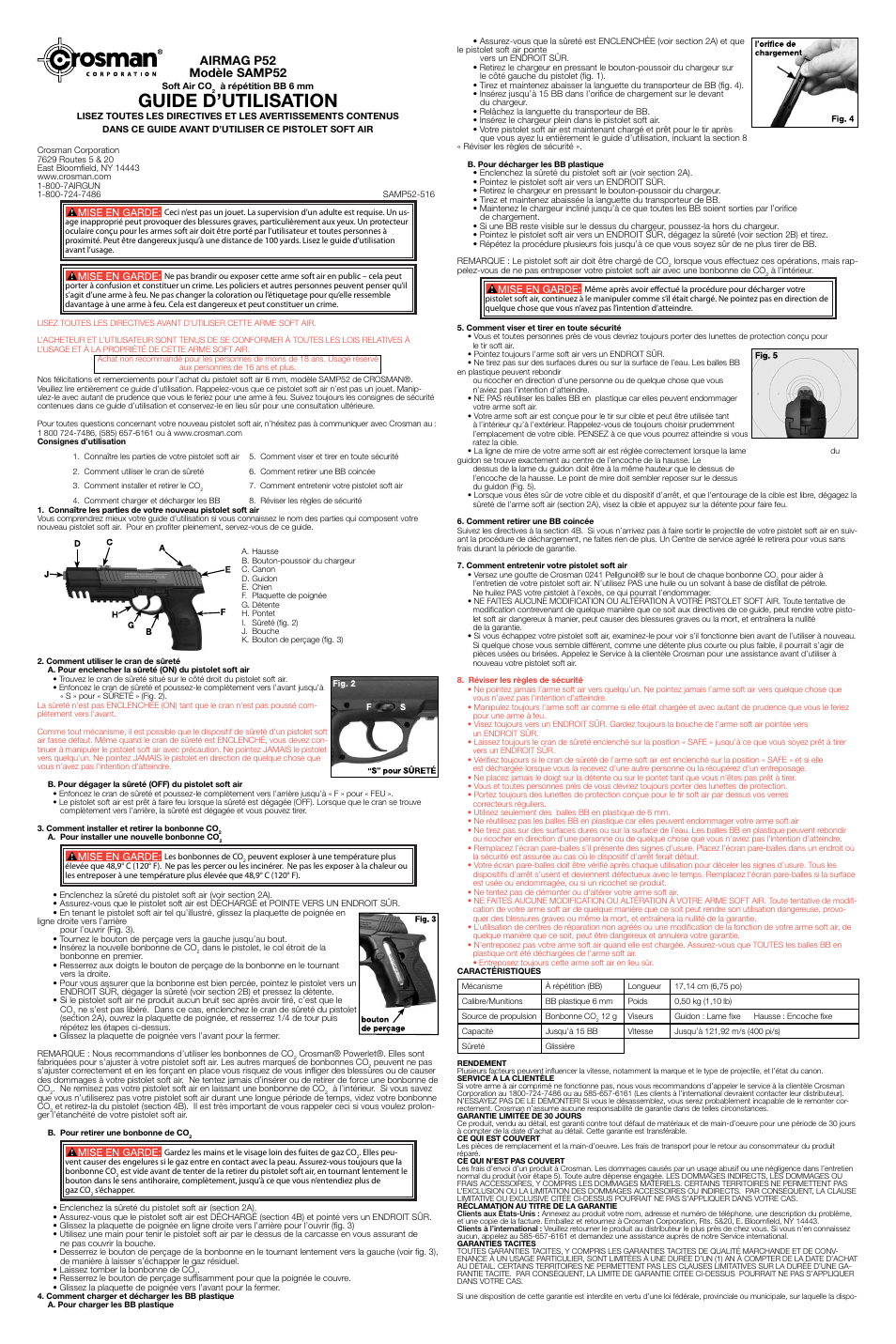 Guide d’utilisation, Airmag p52 modèle samp52 | Crosman SAMP52 User Manual | Page 3 / 3