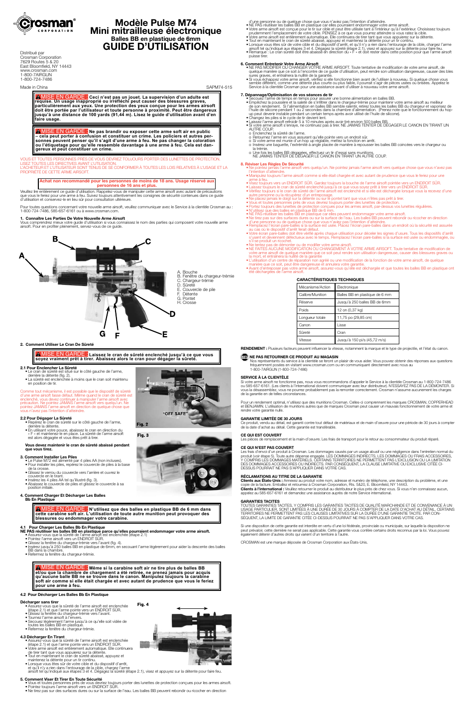 Guide d’utilisation, Modèle pulse m74 mini mitrailleuse électronique, Balles bb en plastique de 6mm | Crosman SAPM74 User Manual | Page 3 / 3