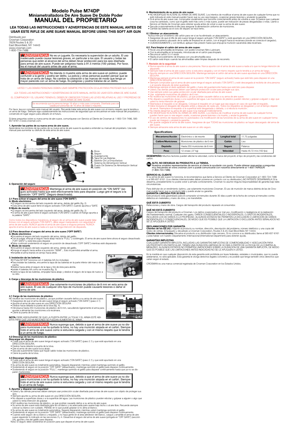 Manual del propietario, Modelo pulse m74dp, Miniametralladora de aire suave de doble poder | Advertencia | Crosman SAPM74DP User Manual | Page 2 / 3