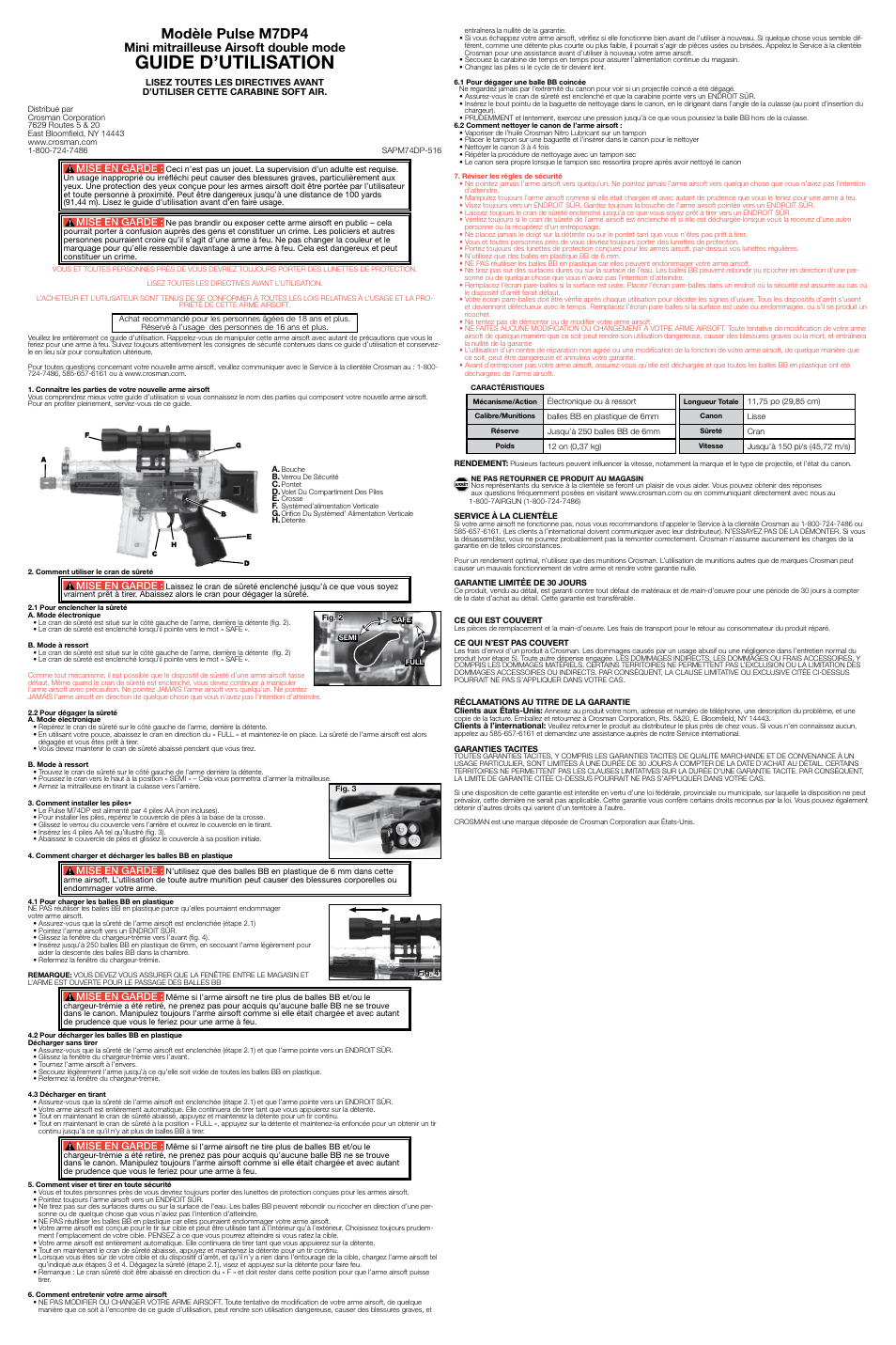 Guide d’utilisation, Modèle pulse m7dp4, Mini mitrailleuse airsoft double mode | Mise en garde | Crosman SAPM74DP User Manual | Page 3 / 3