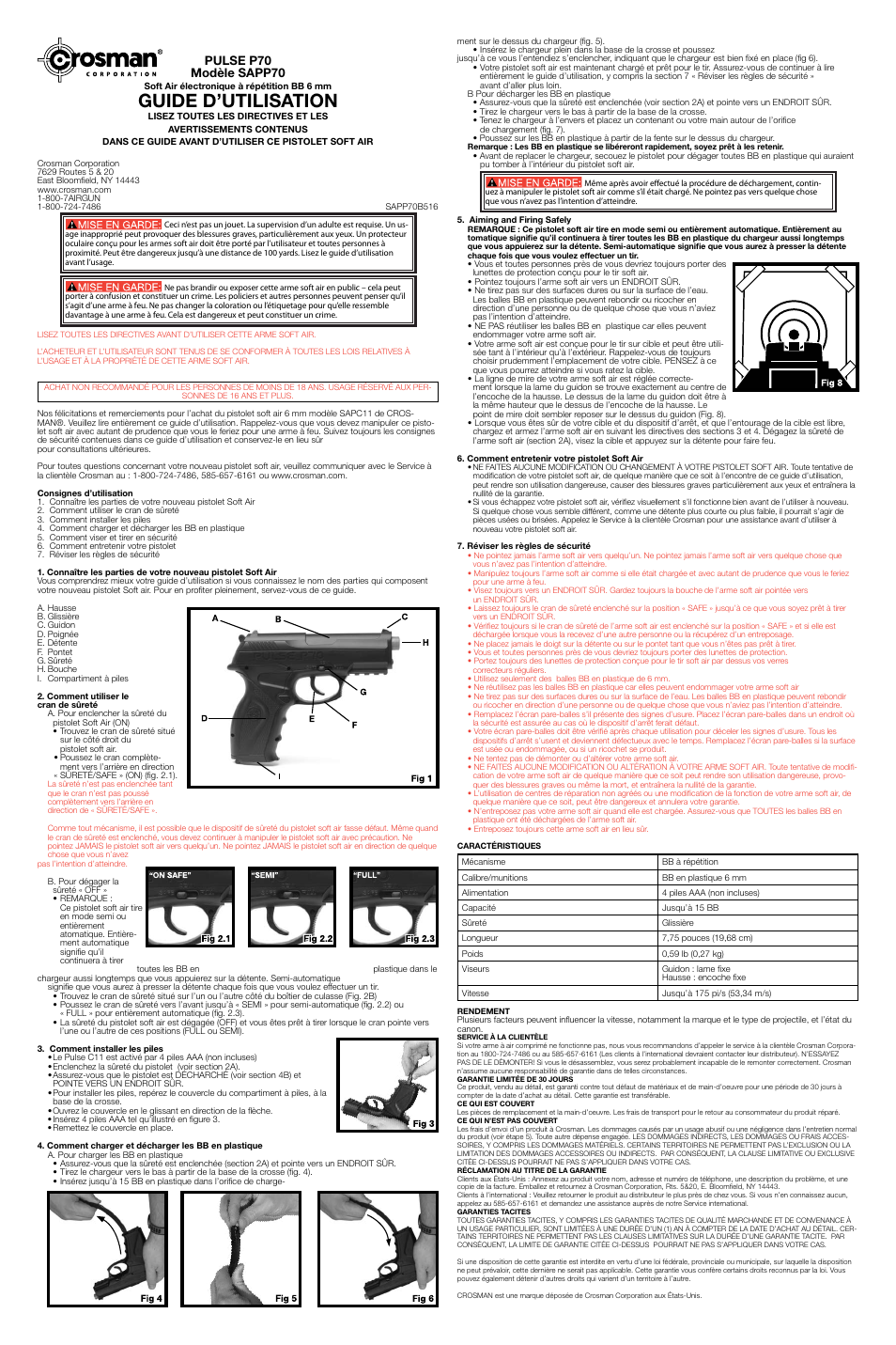 Guide d’utilisation, Pulse p70 modèle sapp70 | Crosman SAPP70B User Manual | Page 3 / 3