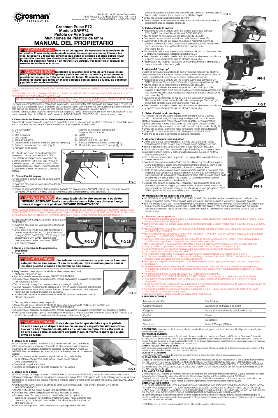 Manual del propietario, Advertencia | Crosman SAPP72 User Manual | Page 2 / 2