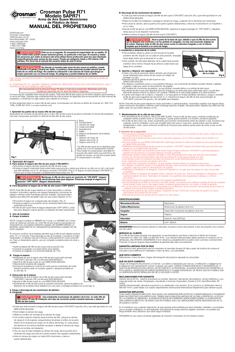 Crosman pulse r71, Manual del propietario, Modelo sapr71 | Arma de aire suave municiones de plástico de 6mm | Crosman SAPR71 User Manual | Page 2 / 3