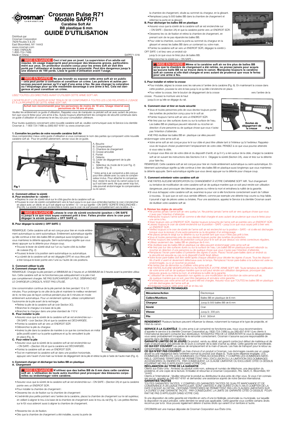 Crosman pulse r71, Guide d’utilisation, Modèle sapr71 | Carabine soft air bb plastique 6 mm | Crosman SAPR71 User Manual | Page 3 / 3