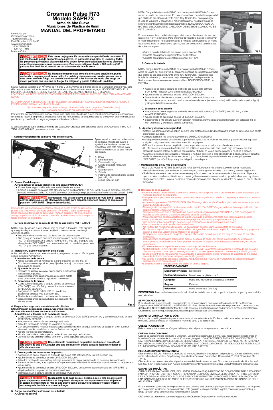 Crosman pulse r73, Modelo sapr73, Manual del propietario | Arma de aire suave municiones de plástico de 6mm | Crosman SAPR73 User Manual | Page 2 / 3
