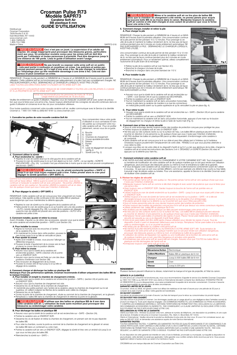 Crosman pulse r73, Modèle sapr73, Guide d’utilisation | Carabine soft air bb plastique 6 mm | Crosman SAPR73 User Manual | Page 3 / 3