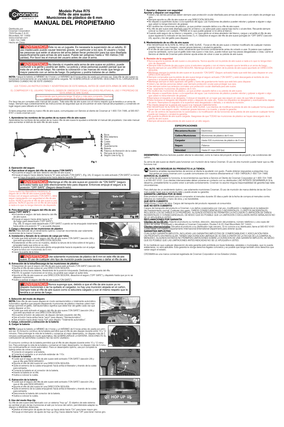 Manual del propietario, Advertencia | Crosman SAPR75 User Manual | Page 2 / 3