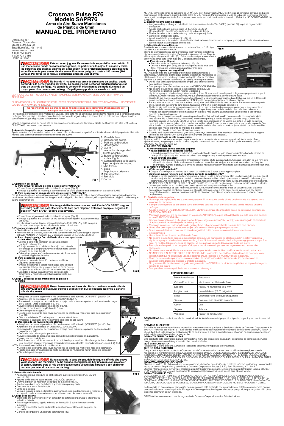 Crosman pulse r76, Manual del propietario, Modelo sapr76 | Arma de aire suave municiones de plástico de 6mm | Crosman SAPR76 User Manual | Page 2 / 3