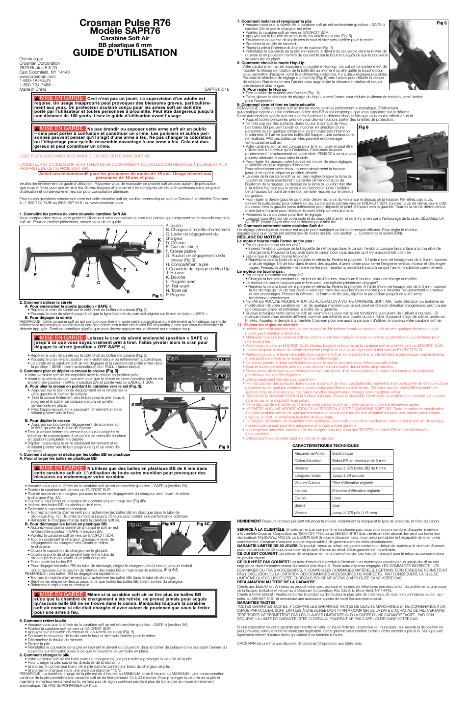 Crosman pulse r76, Guide d’utilisation, Modèle sapr76 | Carabine soft air bb plastique 6 mm | Crosman SAPR76 User Manual | Page 3 / 3