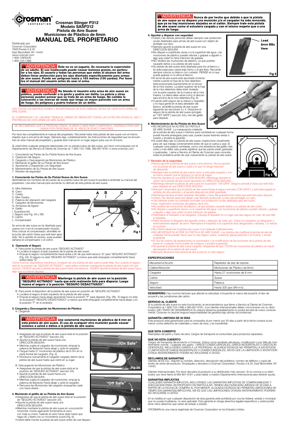 Manual del propietario, Advertencia | Crosman SASP312 User Manual | Page 2 / 2